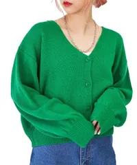 【色: ケリーグリーン】カーデ Vネック ショート丈 レイヤード 服 トップス