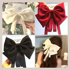 リボン バレッタ ヘアアクセサリー 大きめ ロング 赤 白 黒