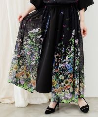 ISScoLar（イズスカラー）蝶舞う花畑とウサギプリント シフォン重ねスカート　ブラック、グリーン、ベージュ　552210