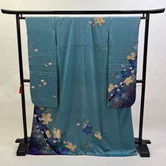 中振袖 振袖 正絹 中古品 青 青色 青緑 青緑色 4S100 HACX766