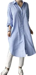 FAAMEE(フェイミー) ロングシャツ ストライプ レディース きれいめ ワンピース カジュアル 長袖 おしゃれ 春 夏 薄手 羽織り 着やせ(ライトブルー,  M)