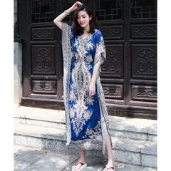 ☆ ブルー ☆ 春夏 レディース ワンピース リゾート ワンピース 半袖 ロングワンピース ワンピ レディース おしゃれ  オシャレ 春 夏 綿 コットン Vネック マキシ丈 膝下 ウエスト紐 サイドスリット 柄 総柄 ドレス きれいめ カジュアル