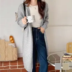 ロングニットカーディガン レディース 10代 20代 30代 韓国ファッション 秋 冬 カジュアル 可愛い 上品 羽織り 無地 シンプル 防寒 暖かいのサムネイル