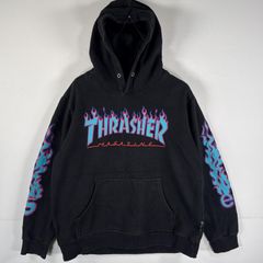 古着 スラッシャー THRASHER パーカー フーディー マフポケット ファイヤーパターン 袖プリント M  ブラック メンズ