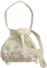 ルナリ 母の日 巾着バッグ ショルダーバッグ ハンドバッグ 2way 巾着ポーチ ポシェット 刺繍 花柄 手提げ 軽量 斜め掛け( ペールピンク)