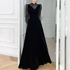 パーティードレス レディース ワンピース ロング丈 袖あり 透け感 レース ドレス イブニングドレス お呼ばれ 結婚式 オケージョン 同窓会 成人式 二次会 韓国 秋冬 ベロア ベルベット ロングドレス 披露宴 フォーマル セレモニー 長袖 黒 1139