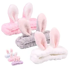 【在庫処分】髪飾り 柔らかい 伸縮性 超吸水 化粧 洗顔 ヨガ 洗顔 お風呂 マイクロファイバー 洗顔バンド カラフル 旅行用 ふわふわ かわいい ヘアターバン ヘアバンド レディース ヘアバンド 3個セット ウサギ耳 [AmzBarley]