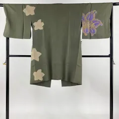 道中着 身丈98cm 裄丈68cm L 和装コート 花柄 金銀彩 茶緑色 正絹 逸品 【中古】