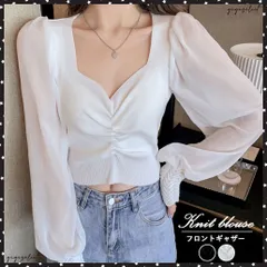 フロントギャザーニットブラウス 長袖ニットトップス レディース 異素材袖 ドッキングニット ショート丈 韓国風 ブラウス おしゃれブラウス 春秋 着やせ ニット 袖切替トップス