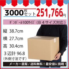 最安値挑戦中】ダンボール　１００サイズ３８７ｘ２７７ｘ３０４（Ｂ４対応）３０００枚セット