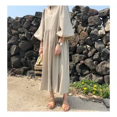 バルーンスリーブ ロングワンピース フレア レディース カジュアル ゆったり リゾート / ワンピース ロング丈 無地 ふんわり Aライン 七分袖 分袖 大