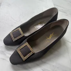 イヴ・サンローラン　YSL　スエード  レザー　ビジューパンプス　ローヒール　グレー　22.5-23
