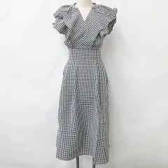 グレイル GRL ワンピース ロング ノースリーブ Vネック チェック フリル リボン シャーリング 黒 白 ブラック ホワイト S