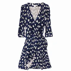 DIANE von FURSTENBERG ダイアンフォンファステンバーグ シルク レオパード柄 カシュクールワンピース 0 XS 青 レディース 【中古】