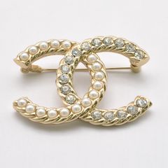 CHANEL シャネル CC ココマーク フェイクパール ラインストーン アクセサリー ブローチ GP レディース ゴールド　【未使用品】