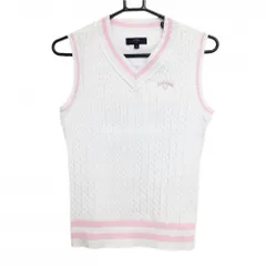 【美品】キャロウェイ ニットベスト 白×ライトピンク ケーブル編み 胸ロゴ Vネック  レディース M ゴルフウェア Callaway