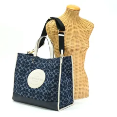 コーチ COACH デンプシー トート 40 シグネチャー ジャカード ウィズ コーチ パッチ デニム キャンバス リファインド ぺブル レザー C2827 ハンドバッグ 2WAYバッグ メンズ レディース ネイビー / アイボリー 中古 mbd08021