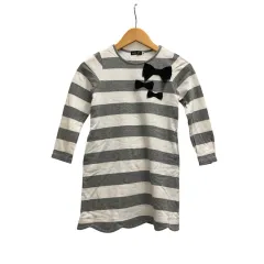 ベベ bebe カットソー 長袖 クルーネック ボーダー リボン コットン混 1101-77029 120 グレー 白 ホワイト 黒 ブラック