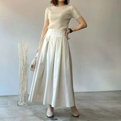 ベネシャン　タックスカート　ギャザースカート　ロングスカート　フレア　マキシ丈　ウエストゴム　アイボリー　象牙色
