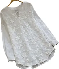 emptio エンプティオ 花柄 ブラウス 長袖 レディース シフォン チュニック 襟なし エレガント トップス ユッタリ ホワイト(ピュアホワイト,  XL)