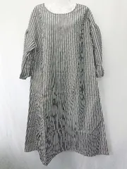 ◇ ◎ ●未使用● ⊂ Samansa Mos2 blue ブルー ストライプ 長袖 膝下丈 ワンピース サイズフリー グレー レディース E  【1409250034046】