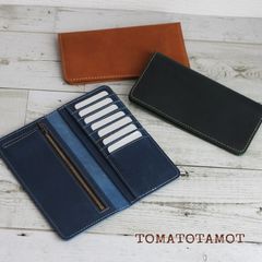 本革 ラウンドファスナー長財布 ライトキャメル×コバルト 手縫い 財布