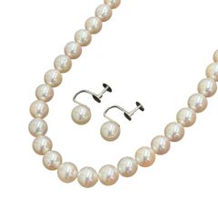 極美品 クリーム ピンク系 SV 天然 アコヤ パール ネックレス 7.5mm-8.0mm K14WG アコヤ パール イヤリング 真珠 42cm セット ♯1073012245