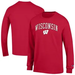 【送料無料】 チャンピオン メンズ Tシャツ トップス Men'sChampion Red Wisconsin Badgers Arch Over Logo Long Sleeve T-Shirt Wis Red