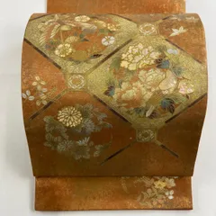 袋帯 名品 落款 花鳥 菱天井 螺鈿 箔 オレンジ お太鼓柄 正絹 【中古 