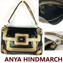 ANYA HINDMARCH/アニヤハインドマーチ　ワンショルダー/ハンドバッグ　レディース　黒×金　エナメル/レザー　purse　bag　管NO.yB15-38<sale>