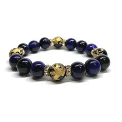 12mm 四神獣金彫オニキス×ブルータイガーアイ パワーストーン ブレスレット天然石 運気上昇 金運 開運  [24] お守り 青龍 白虎 玄武 朱雀　[24] （ゴールド）メンズ・レディース　男性・女性　数珠ブレス　開運  [24]