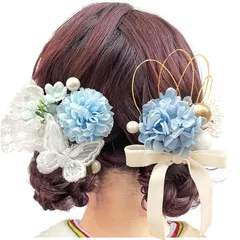 [JZOON] 髪飾り【9色展開】 蝶 花 ドライフラワー ピンポンマム 成人式 七五三 浴衣 袴 着物 飾り 振袖 和装 卒業式 結婚式 バタフライ リボン パール 水引 かわいい ブルー M103