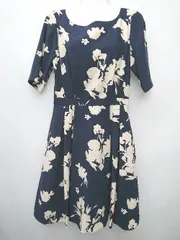 ◇ L'EST ROSE レストローズ 花柄 半袖 ミニ ワンピース サイズS ネイビー ライトベージュ系 レディース P  【1406240036271】
