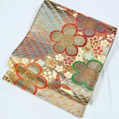 振袖用　袋帯　正絹　美品　鶴に枝梅模様織り出し