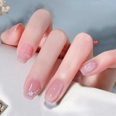3D 손톱 짧은 달걀 모양 24 매입 반짝이 귀여운 네일 용품 라운드 팁 봄 여름 네일 양면 테이프 첨부 네일 붙이 손톱 네일 씰 네일 아트 도구 세트 젤 네일 짧은 (핑크 고양이 눈석) 네일 팁 YOGOTI