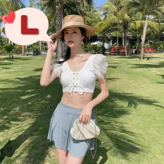 レースフリル袖ビスチェ風ビキニ＋スカート風ショーツ　2点セット　レディース水着　Lサイズ