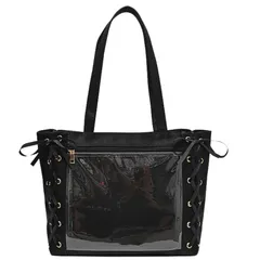 [ハルジオ] 痛バッグ 痛バ A4 痛バック サテン レースアップ トート トートバッグ 推し活バッグ いたバック 推し活 オタ活 推し バッグ バック 可愛い 大容量 人気 いたばっぐ いたばっく いたば リボン黒 白 青 紫 水色 シルバー  [ブラック]