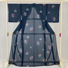 A◇着物くつろぎ 夏物 花模様 黒色 正絹 小紋 薄物 絽 紗 着物78