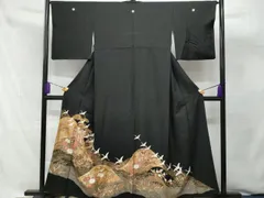 平和屋着物●訪問着　枝花文　黒地　金彩　正絹　逸品　AAAZ4782ck 平和屋着物□訪問着 松枝文 金彩 正絹 逸品 AAAW4782mf