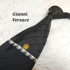 Gianni Versace　ジャンニヴェルサーチェ　切り替え　ストライプ　シルク　ネクタイ　ブラック