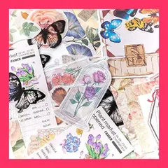 【スタッフおすすめ！】Alideco 260枚 ブランド フレークステッカー シール コラージュ 素材 ペーパー 素材紙 かわいい おしゃれ レトロ 花 蝴蝶 フラワーバタフライ レディ韓国 シール帳 ，メモ用紙ノート素材、日記装飾用品 （