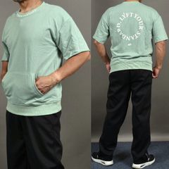 ライトグリーン/Mサイズ サンプル品/難ありアウトレット 袖カットオフ ポケット付きバックプリント半袖スウェットＴシャツ メンズ 春 夏 カットソー クルーネック パシャ売り S-S