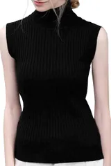 Ptika タートルネック ノースリーブ ニット セーター ハイネック レディース アクセサリー 2点セット( ブラック,  Free Size)