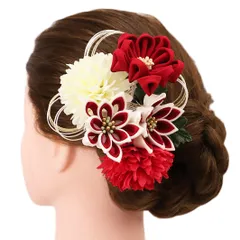 髪飾り 成人式 振袖 袴 ２点セット 赤 白 大人 浴衣 かんざし 簪 卒業式 フォーマル 結婚式 花飾り つまみ細工 ちりめん 手作り W28 W304-210 髪飾り 赤 白 o775