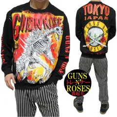 ガンズアンドローゼズ トレーナー スウェット メンズ ガンズ・アンド・ローゼズ 恐竜/ティラノサウルス スカル/ドクロ 派手やか プリント 裏起毛 GUNS N' ROSES 長袖 ロック ストリート系 トップス ブラック サイズL-XL