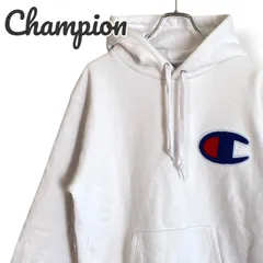 Championチャンピオン ホワイト パーカー プルオーバー ビッグロゴ刺繍 裏起毛 コットン80% XLサイズ メンズ カジュアル スウェット カンガルーポケット 秋冬 あったか 742KZ