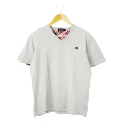 バーバリーブラックレーベル BURBERRY BLACK LABEL Tシャツ Vネック 半袖 ロゴ 刺繍 ワンポイント チェック 3 L グレー /CK24 ■GY27