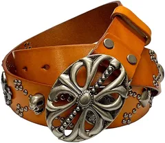 Laquest ラクエスト デカ ゴツ バックル メンズ 牛革 レザー ベルト スタッズ ユリ 紋章 アイリス レリーフ( サドルブラウン)