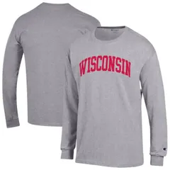 【送料無料】 チャンピオン メンズ Tシャツ トップス Men's Champion Heather Gray Wisconsin Badgers Basic Arch Long Sleeve T-Shirt Wis Grey