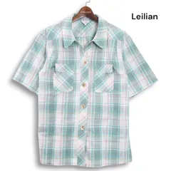 Leilian レリアン プラスハウス 春夏 麻 リネン混♪ 半袖 ワーク チェック シャツ Sz.13+ レディース 大きいサイズ